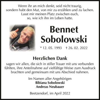 Traueranzeige von Bennet Sobolowski  von Magdeburger Volksstimme