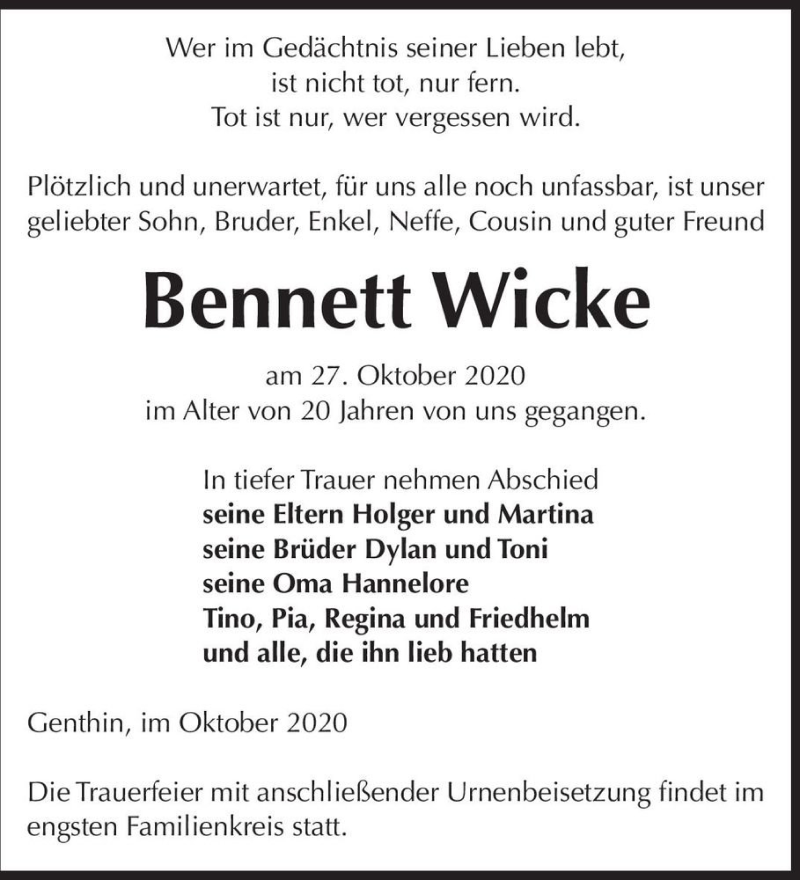  Traueranzeige für Bennet Wicke  vom 30.10.2020 aus Magdeburger Volksstimme