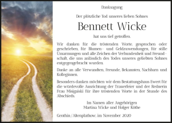 Traueranzeige von Bennet Wicke  von Magdeburger Volksstimme