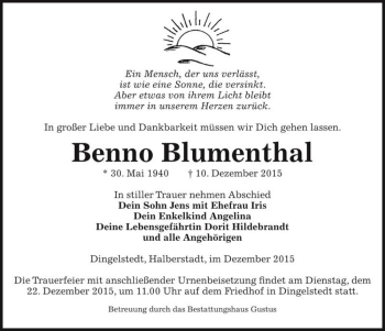 Traueranzeige von Benno Blumenthal  von Magdeburger Volksstimme