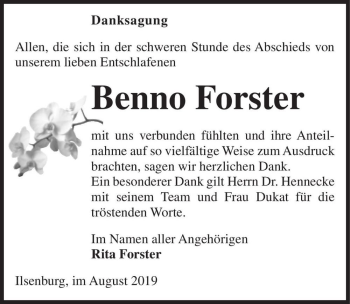 Traueranzeige von Benno Forster  von Magdeburger Volksstimme