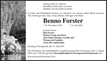 Traueranzeige von Benno Forster  von Magdeburger Volksstimme