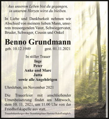 Traueranzeige von Benno Grundmann  von Magdeburger Volksstimme