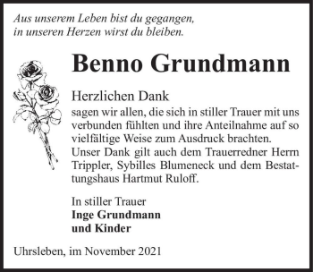Traueranzeige von Benno Grundmann  von Magdeburger Volksstimme