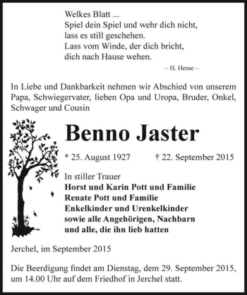 Traueranzeige von Benno Jaster  von Magdeburger Volksstimme