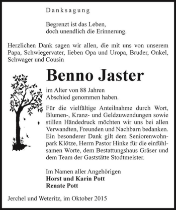 Traueranzeige von Benno Jaster  von Magdeburger Volksstimme