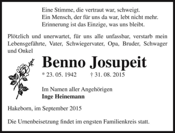 Traueranzeige von Benno Josupeit  von Magdeburger Volksstimme