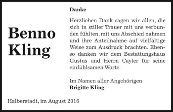Traueranzeige von Benno Kling  von Magdeburger Volksstimme