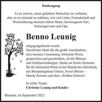 Traueranzeige von Benno Leunig  von Magdeburger Volksstimme