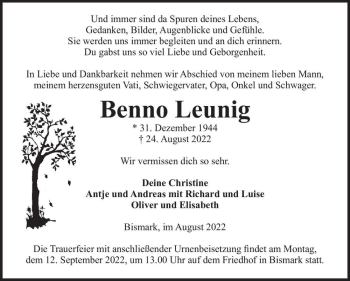 Traueranzeige von Benno Leunig  von Magdeburger Volksstimme