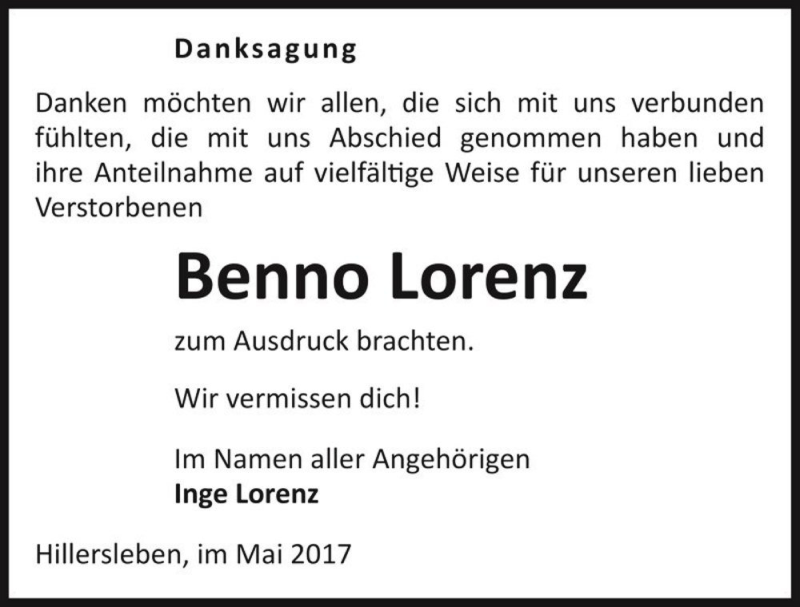  Traueranzeige für Benno Lorenz  vom 06.05.2017 aus Magdeburger Volksstimme