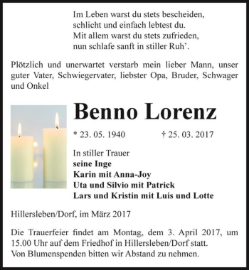 Traueranzeige von Benno Lorenz  von Magdeburger Volksstimme