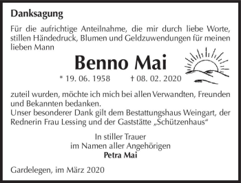 Traueranzeige von Benno Mai  von Magdeburger Volksstimme