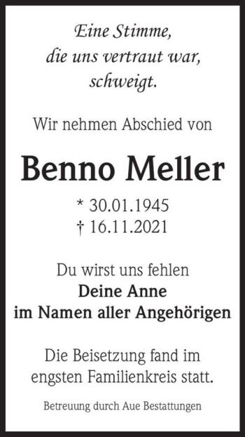 Traueranzeige von Benno Meller  von Magdeburger Volksstimme