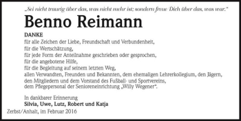 Traueranzeige von Benno Reimann  von Magdeburger Volksstimme