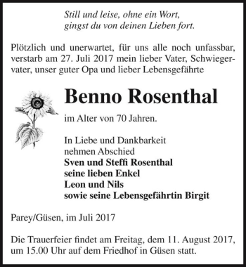 Traueranzeige von Benno Rosenthal  von Magdeburger Volksstimme