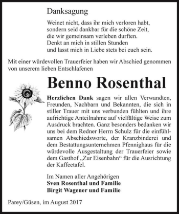 Traueranzeige von Benno Rosenthal  von Magdeburger Volksstimme