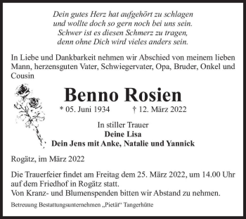 Traueranzeige von Benno Rosien  von Magdeburger Volksstimme
