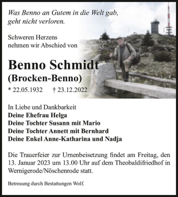 Traueranzeige von Benno Schmidt (Brocken-Benno)  von Magdeburger Volksstimme