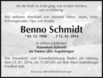 Traueranzeige von Benno Schmidt  von Magdeburger Volksstimme
