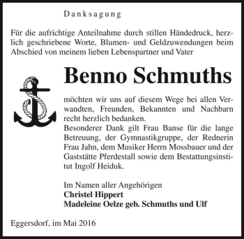 Traueranzeige von Benno Schmuths  von Magdeburger Volksstimme
