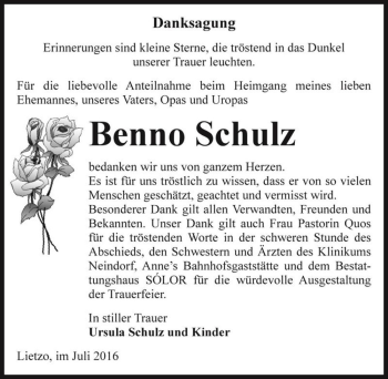 Traueranzeige von Benno Schulz  von Magdeburger Volksstimme