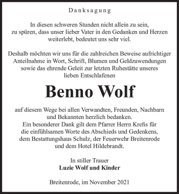 Traueranzeige von Benno Wolf  von Magdeburger Volksstimme