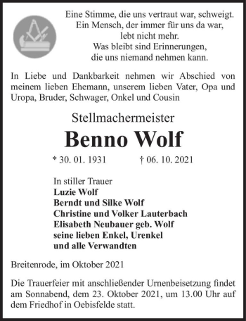 Traueranzeige von Benno Wolf  von Magdeburger Volksstimme