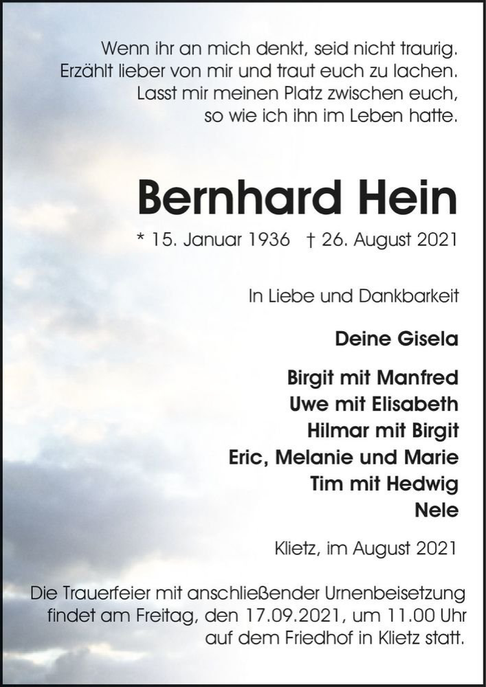  Traueranzeige für Berhard Hein  vom 28.08.2021 aus Magdeburger Volksstimme