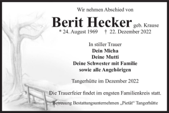 Traueranzeige von Berit Hecker (geb. Krause)  von Magdeburger Volksstimme