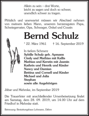 Traueranzeige von Bermd Schulz  von Magdeburger Volksstimme