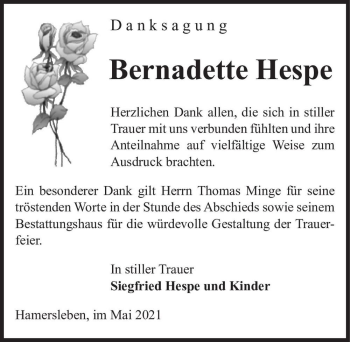 Traueranzeige von Bernadette Hespe  von Magdeburger Volksstimme