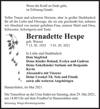 Traueranzeige von Bernadette Hespe (geb. Wurzer)  von Magdeburger Volksstimme