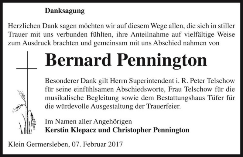  Traueranzeige für Bernard Pennington  vom 11.02.2017 aus Magdeburger Volksstimme