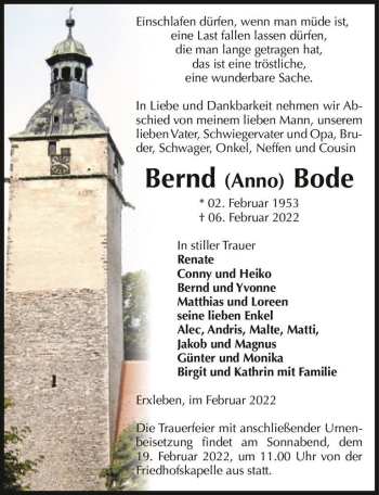 Traueranzeige von Bernd (Anno) Bode  von Magdeburger Volksstimme