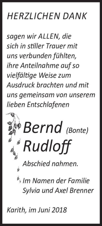 Traueranzeige von Bernd (Bonte) Rudloff  von Magdeburger Volksstimme