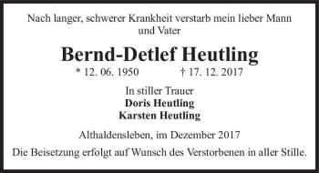 Traueranzeige von Bernd-Detlef Heutling  von Magdeburger Volksstimme