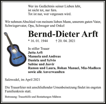 Traueranzeige von Bernd-Dieter Arft  von Magdeburger Volksstimme