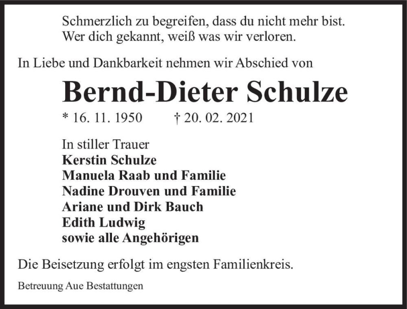  Traueranzeige für Bernd-Dieter Schulze  vom 27.02.2021 aus Magdeburger Volksstimme
