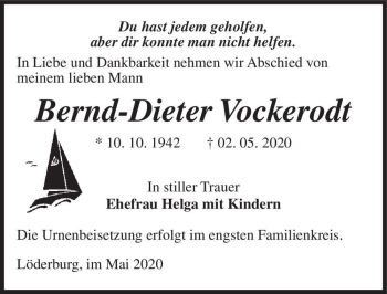 Traueranzeige von Bernd-Dieter Vockerodt  von Magdeburger Volksstimme