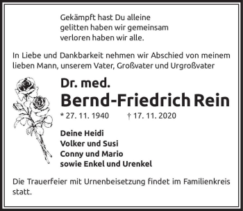 Traueranzeige von Bernd-Friedrich Rein  von Magdeburger Volksstimme