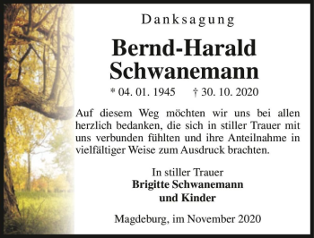 Traueranzeige von Bernd-Harald Schwanemann  von Magdeburger Volksstimme