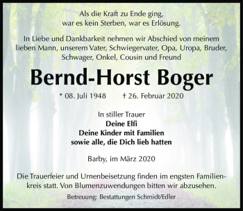 Traueranzeige von Bernd-Horst Boger  von Magdeburger Volksstimme