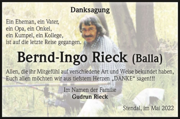 Traueranzeige von Bernd-Ingo Rieck (Balla)  von Magdeburger Volksstimme