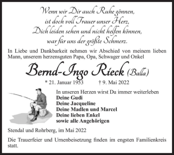 Traueranzeige von Bernd-Ingo Rieck (Balla)  von Magdeburger Volksstimme