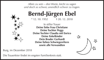 Traueranzeige von Bernd-Jürgen Ebel  von Magdeburger Volksstimme