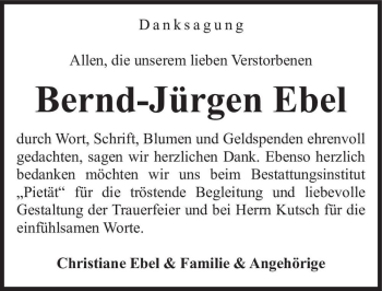 Traueranzeige von Bernd-Jürgen Ebel  von Magdeburger Volksstimme