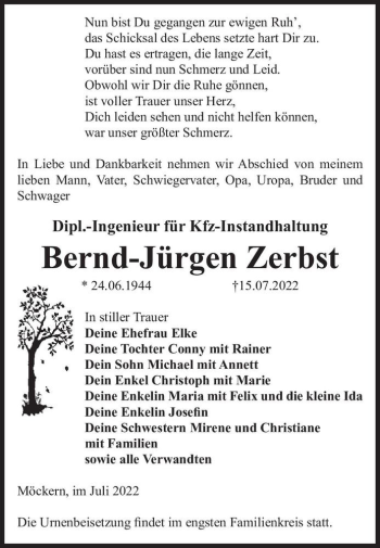Traueranzeige von Bernd-Jürgen Zerbst  von Magdeburger Volksstimme