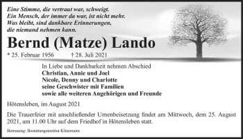 Traueranzeige von Bernd (Matze) Lando  von Magdeburger Volksstimme