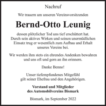 Traueranzeige von Bernd-Otto Leunig  von Magdeburger Volksstimme